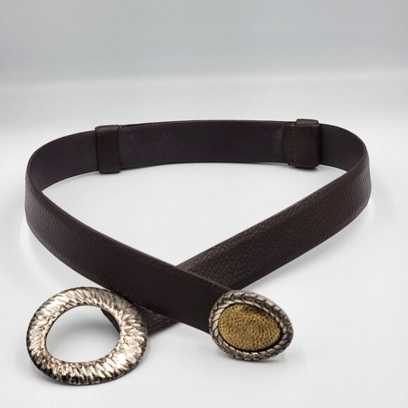 Chicos Brown Adjustable Leather Belt With Textured Silver & Gold Tone Metal Buck - Picture 2 of 16